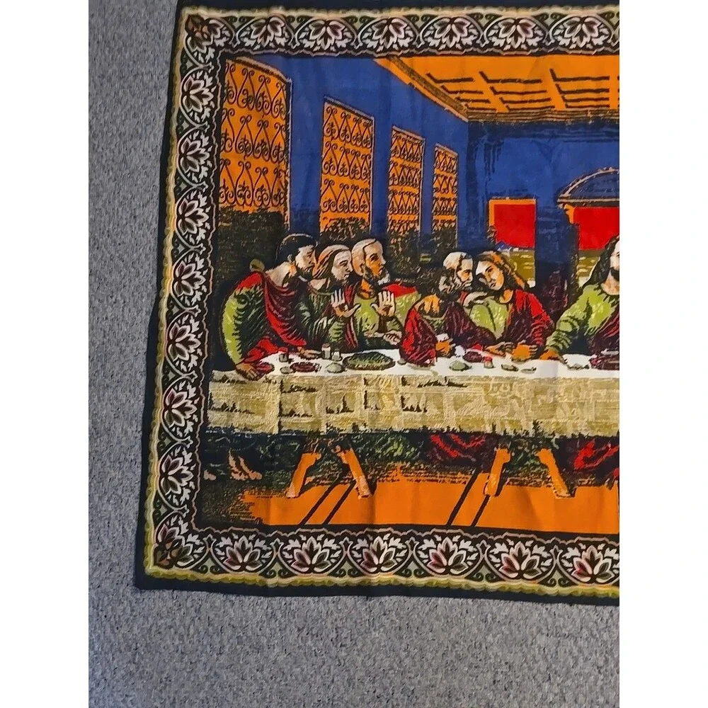Vintage Tapestry Fabric Wall Hanging Sacred Heart Jesus Last Supper